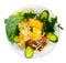 Fried halloumi cheese with salad of vegetables, greens and lemon