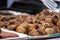 Fried meat ball, delicious meat cutlets on table, street food