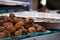 Fried meat ball, delicious meat cutlets on table, street food