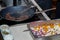 Fried meat in a frying pan closeup. Meat in a pan fry - making food