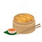 Fried momo dumplings in wooden steamer basket. Vector illustration of steam fried Momos