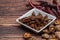 Fried Mushrooms Stipe Seasoned with Brown Sugar and Soya Sauce with Dried chili and Shiitake Mushroom