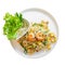 Fried noodles or Pad Thai with Fresh Shrimp, spring onions and tofu And lettuce, bean sprouts on a plate isolated white background