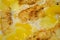 Fried omelet macro details surface. Gourmet breakfast or brunch. Food background. Chicken organic eggs. Rustic homemade background