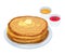 Fried pancakes, blini or crepes lying on plate with butter, jam and honey isolated on white background. Traditional meal