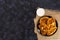 Fried patties with potatoes and liver on dark background. Top View