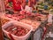 Fried Pork belly and raw pork in the chinese Fresh market at changsha city