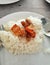 Fried pork belly on the rice, marinated in fish sauce, Thai food, Thai street food, Thailand