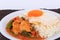 Fried pork curry, Stir fried pork and red curry paste with sunny side up egg.