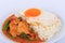 Fried pork curry, Stir fried pork and red curry paste with sunny side up egg.