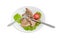 Fried pork on lettuce leaves and cutlery on white dish