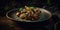 fried potato with mushrooms professional photo of cooked food studio light instagram sharp detailed image.