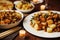 Fried potatoes with garlic and rosemary on a wooden table. AI Image.