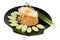 Fried rice pork with fried Egg on dish black. cucumber
Spring on