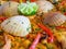 Fried rice with shrimp and vegetables decorated with seashell