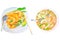Fried rice sticks with shrimp, spoon and chopsticks on dish and mush on shrimp sea food isolated white background clipping path