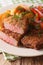 Fried rump steak and fresh vegetables, baked potatoes close up.