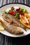 Fried Salema porgy fish with a side dish of fresh salad and french fries close-up on a plate. vertical