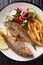 Fried Salema porgy fish with a side dish of fresh salad and french fries close-up on a plate. Vertical top view