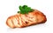 Fried Salmon fish steak whith green scum, on white background