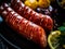 Fried sausages, fried potatoes, onion and fresh vegetables on black table