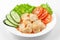 Fried scallops in garlic sauce, lettuce, cucumber and tomatoes