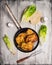 Fried schnitzel in old pan on rustic wooden background