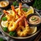 Fried Shrimp Tempura with Dipping Sauce and Lemon