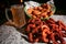 Fried Snacks on a Restaurant table onions with beer