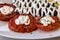 Fried souvlaki and grilled tomatoes. Typical delicious greek style lunch