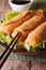 Fried spring rolls on a plate and chopsticks close-up. vertical