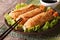 Fried spring rolls on a plate and chopsticks closeup. horizontal