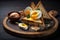 Fried Toast bread with four different types of cooked chicken eggs. AI generated