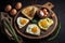 Fried Toast bread with four different types of cooked chicken eggs. AI generated