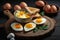 Fried Toast bread with four different types of cooked chicken eggs. AI generated