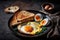 Fried Toast bread with four different types of cooked chicken eggs. AI generated