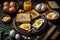 Fried Toast bread with four different types of cooked chicken eggs. AI generated
