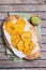 Fried tostones, green plantains, bananas with guacamole sauce