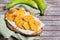 Fried tostones, green plantains, bananas with guacamole sauce