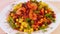 Fried vegetables beans shrimp dish close-up food, corn, onion, tomato, sauce, stew