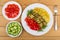 Fried vegetables and sweet pepper, plate with tomatoes and cucumbers