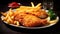 Fried Wiener schnitzel from veal topside with French fries. Generative AI