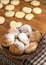 Fried yeast dough donuts on a wooden table