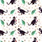 Frieda black monkey seamless pattern with green leaves and golden dots