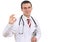 Friedly caucasian doctor show gesture