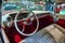 FRIEDRICHSHAFEN - MAY 2019: white leather interior of CADILLAC DE VILLE 1959 coupe at Motorworld Classics Bodensee on May 11, 2019