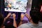 Friend gamers playing video game of battle martial arts fighter. Sellable.