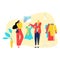 Friend woman and man together purchase fashion clothing dress, stylist help female character flat vector illustration