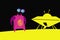 Friendly alien near his spaceship. A UFO in your backyard.