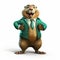 Friendly Anthropomorphic Beaver In Green Turquoise Suit - Hiperrealistic Cartoon